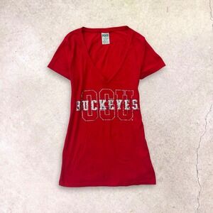 PINK Victoria's Secret Red‎ OSU Buckeyes V Neck Rhinestone T Shirt XS